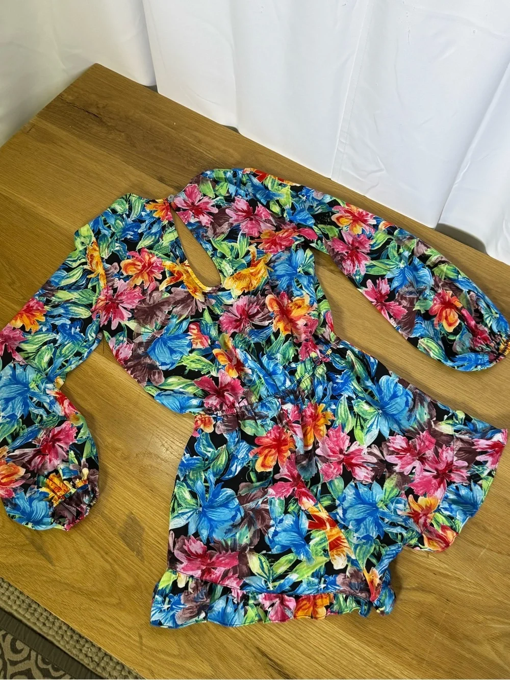 Show Me Your Mumu Black Multi-Color Floral Long sleeve Romper Coverup Size Small
